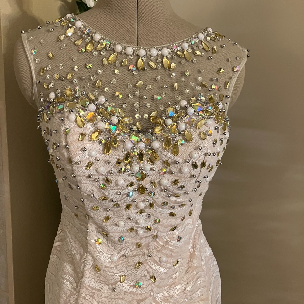 Size 4 “Lux Gal” Branded Nude and White Sequined/Jeweled Wedding Gown